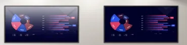 Two MAXHUB CMA displays showing the same chart under lights: a standard screen beside one with the non-glare coating